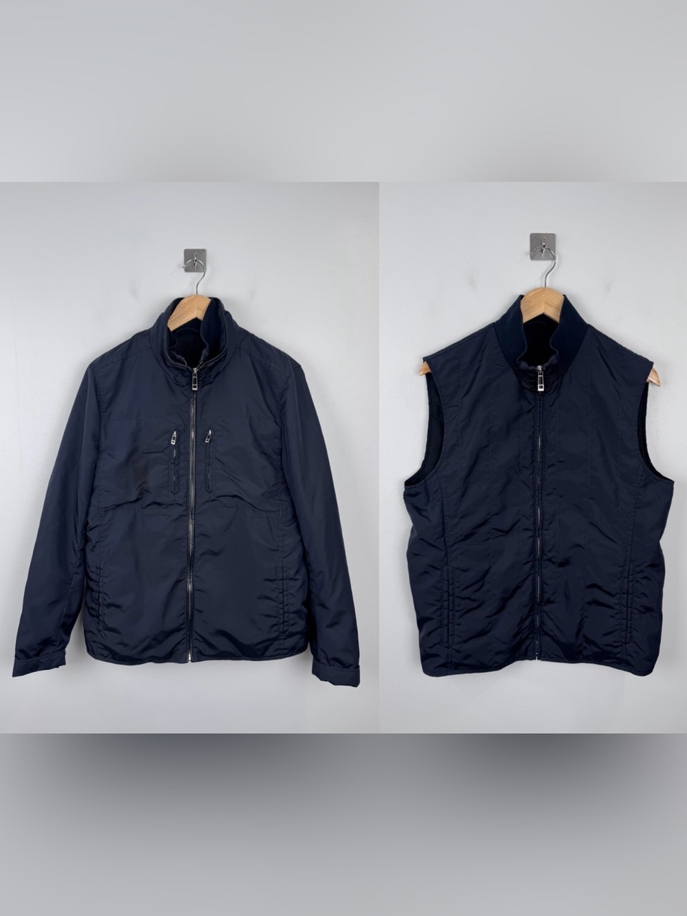 Z Zegna Men Bomber Technical Nylon‎ Jacket + Vest Navy Blue Size Medium
